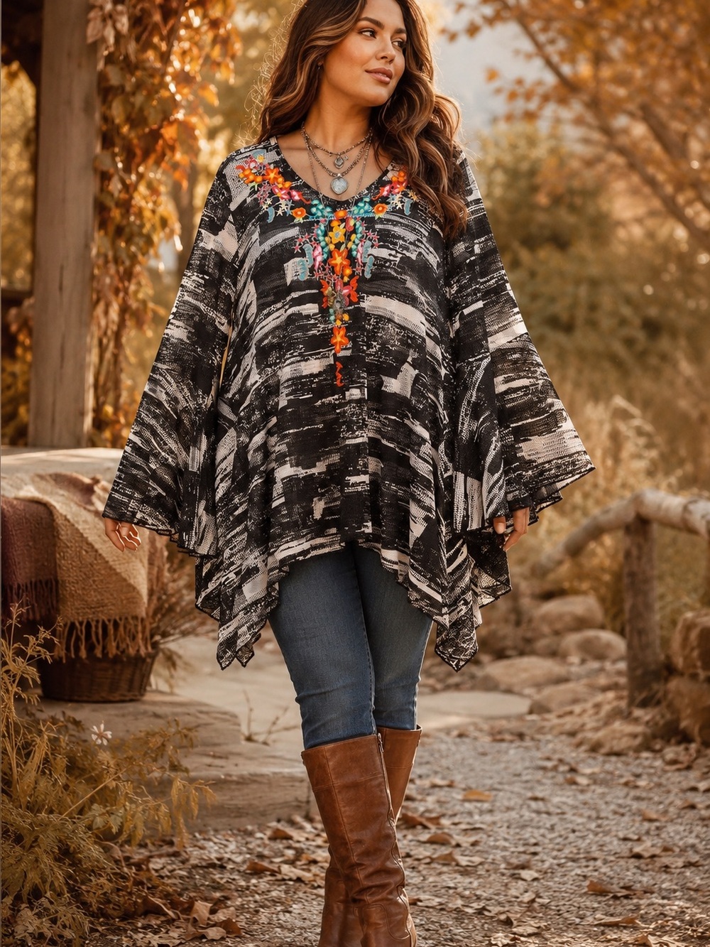 Dor Dor Couture 2X Boho Embroidered Tunic Top Floral Bell Sleeve Plus Size